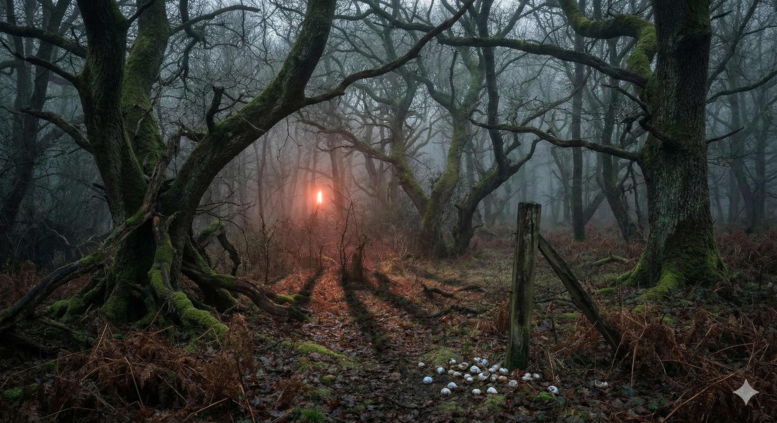 A forest with a glow in the distance